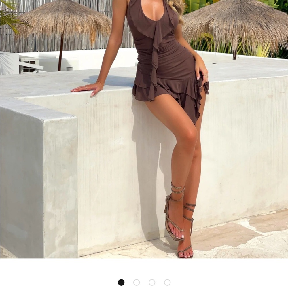 Brown Ruched High-Low Halter Dress